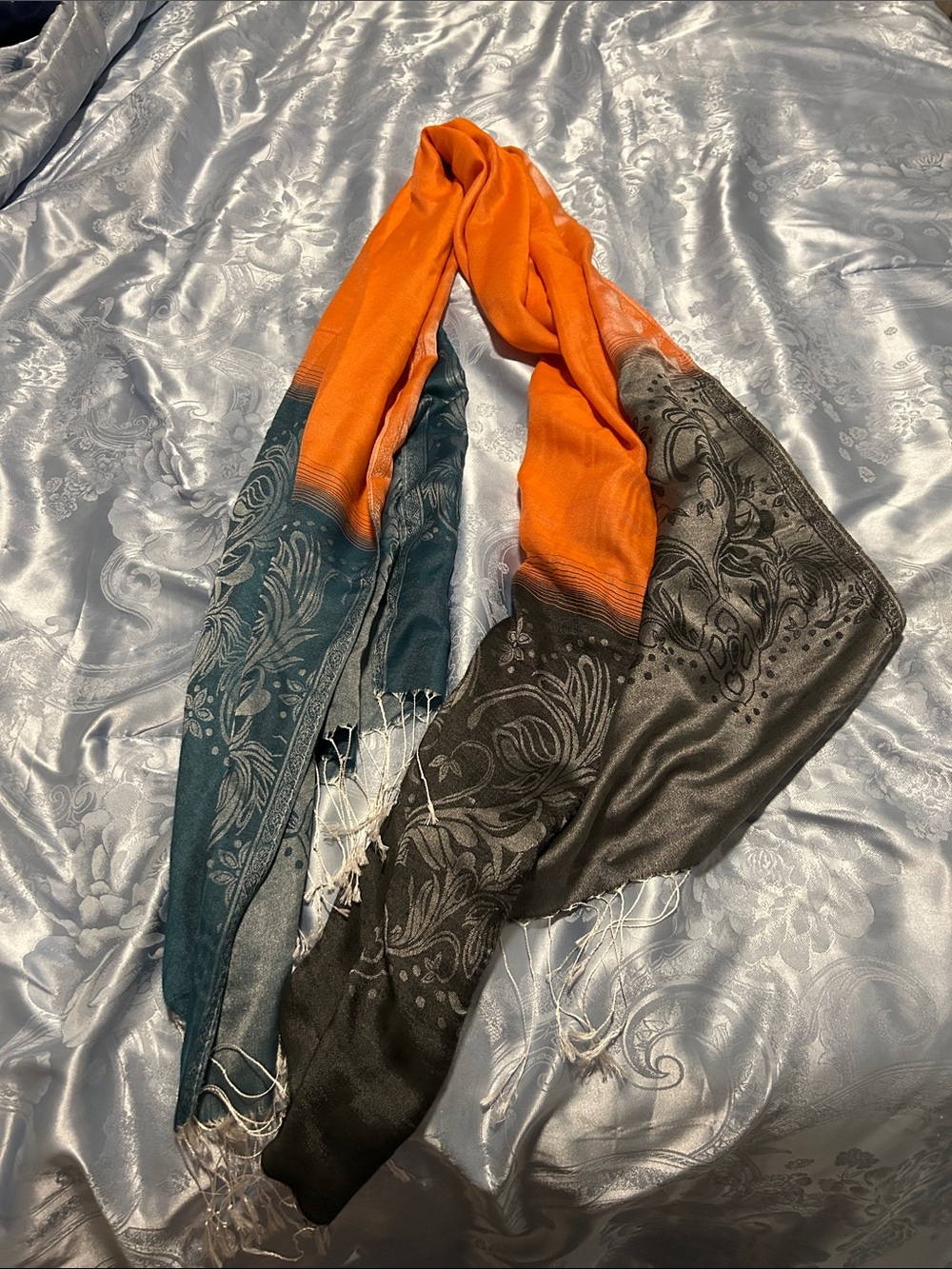 Vibrant Orange to Teal Gradient Floral Scarf / custom pashmina